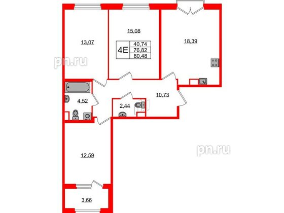 Квартира в ЖК Дубровский, 3 комнатная, 76.82 м², 2 этаж