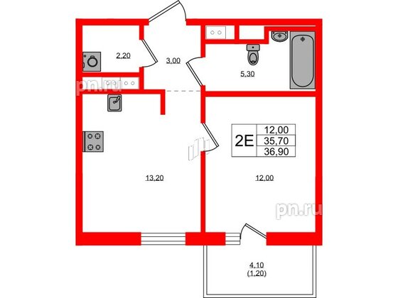 Квартира в ЖК Янила Форест, 1 комнатная, 36.9 м², 8 этаж