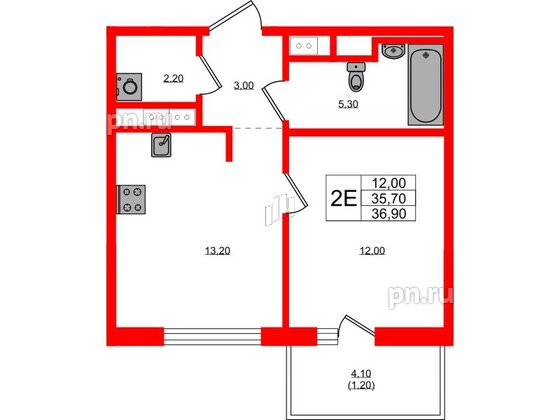 Квартира в ЖК Янила Форест, 1 комнатная, 36.9 м², 10 этаж