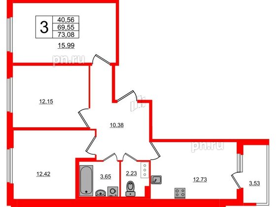 Квартира в ЖК Любоград, 3 комнатная, 69.55 м², 2 этаж