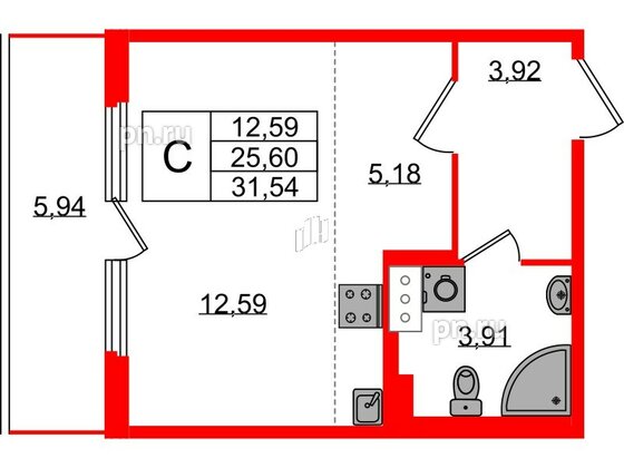 Квартира в ЖК Любоград, студия, 25.6 м², 3 этаж