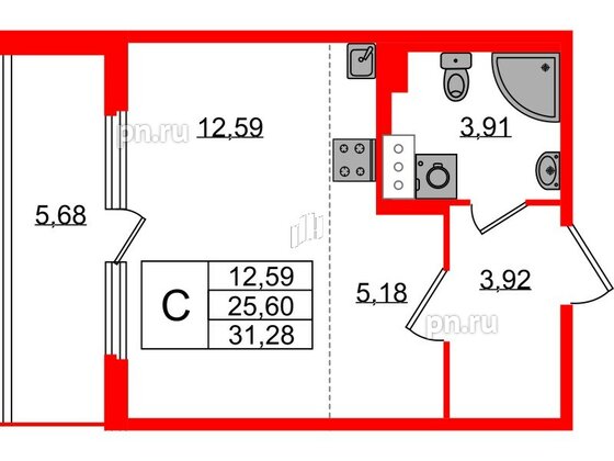 Квартира в ЖК Любоград, студия, 25.6 м², 2 этаж