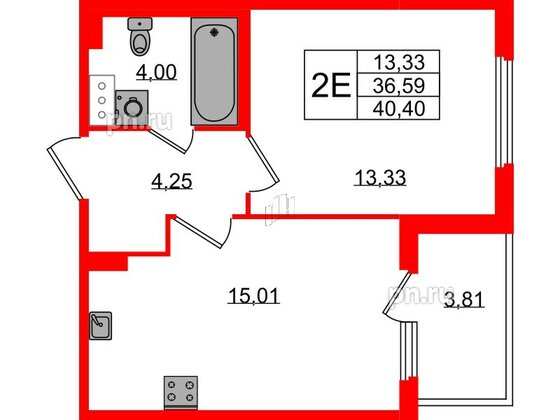 Квартира в ЖК Любоград, 1 комнатная, 36.59 м², 2 этаж