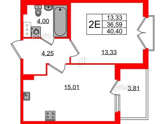 Квартира в ЖК Любоград, 1 комнатная, 36.59 м², 3 этаж