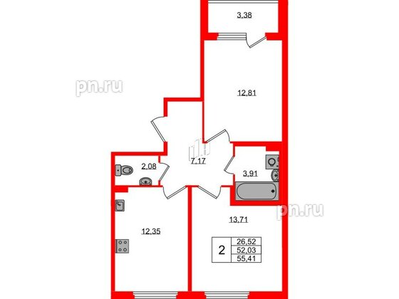 Квартира в ЖК Любоград, 2 комнатная, 52.03 м², 2 этаж