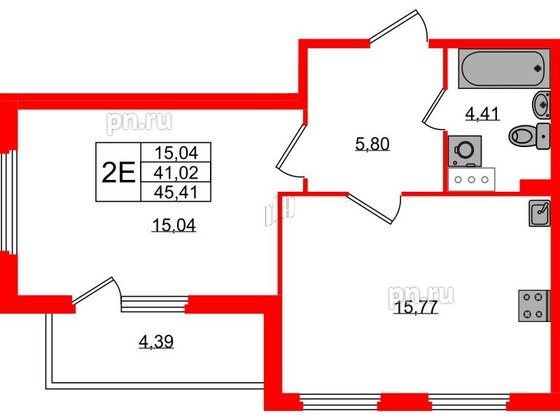 Квартира в ЖК Любоград, 1 комнатная, 41.02 м², 2 этаж