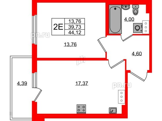 Квартира в ЖК Любоград, 1 комнатная, 39.73 м², 2 этаж