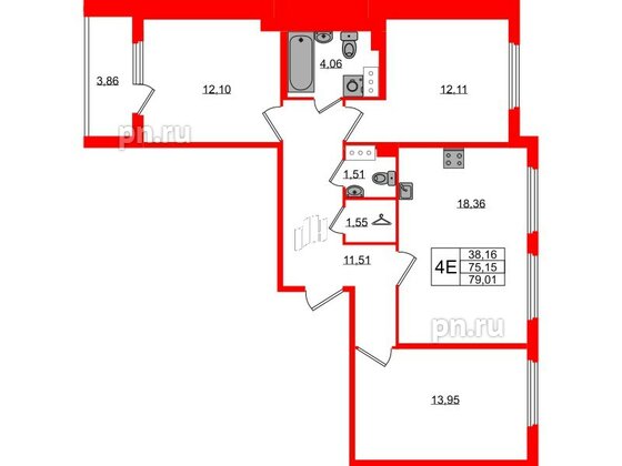 Квартира в ЖК Любоград, 3 комнатная, 75.15 м², 2 этаж