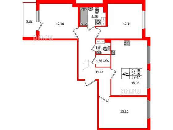 Квартира в ЖК Любоград, 3 комнатная, 75.15 м², 3 этаж