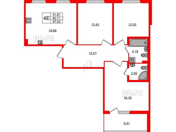 Квартира в ЖК Любоград, 3 комнатная, 80.71 м², 2 этаж