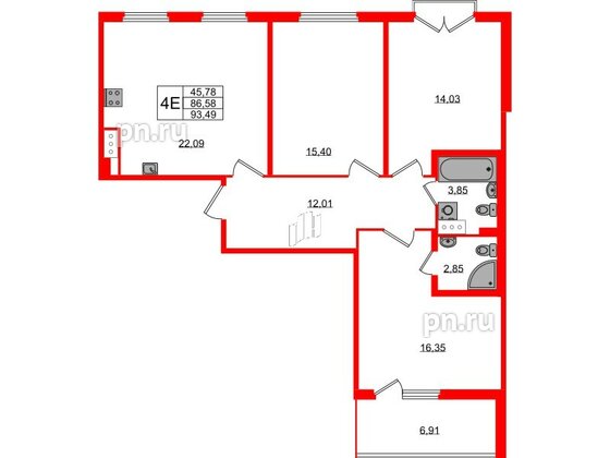 Квартира в ЖК Любоград, 3 комнатная, 86.58 м², 3 этаж