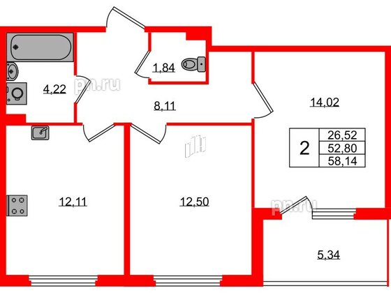 Квартира в ЖК Любоград, 2 комнатная, 52.8 м², 2 этаж