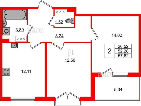 Квартира в ЖК Любоград, 2 комнатная, 52.28 м², 3 этаж