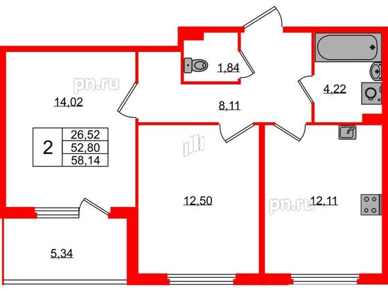 Квартира в ЖК Любоград, 2 комнатная, 52.8 м², 2 этаж