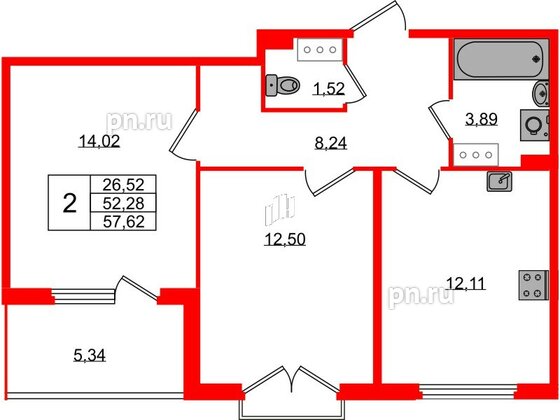 Квартира в ЖК Любоград, 2 комнатная, 52.28 м², 3 этаж