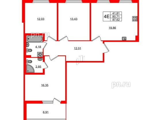 Квартира в ЖК Любоград, 3 комнатная, 80.71 м², 2 этаж