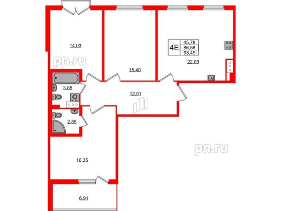 Квартира в ЖК Любоград, 3 комнатная, 86.58 м², 3 этаж