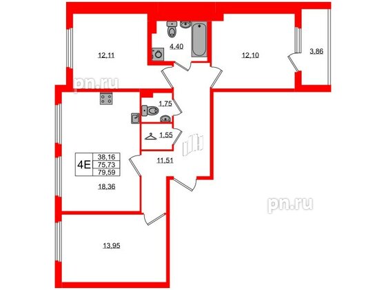 Квартира в ЖК Любоград, 3 комнатная, 75.73 м², 1 этаж