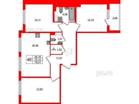 Квартира в ЖК Любоград, 3 комнатная, 75.15 м², 2 этаж