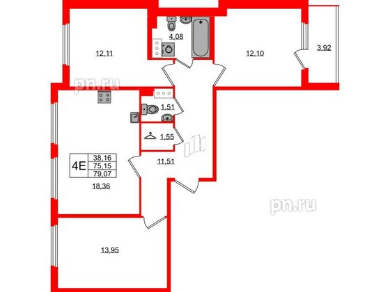 Квартира в ЖК Любоград, 3 комнатная, 75.15 м², 3 этаж