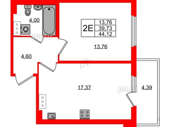 Квартира в ЖК Любоград, 1 комнатная, 39.73 м², 2 этаж