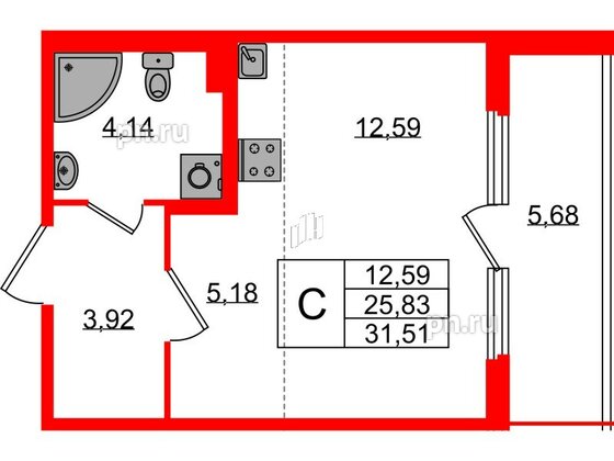 Квартира в ЖК Любоград, студия, 25.83 м², 1 этаж