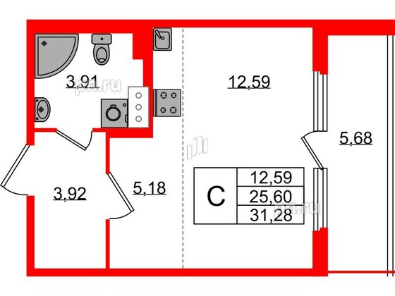 Квартира в ЖК Любоград, студия, 25.6 м², 2 этаж