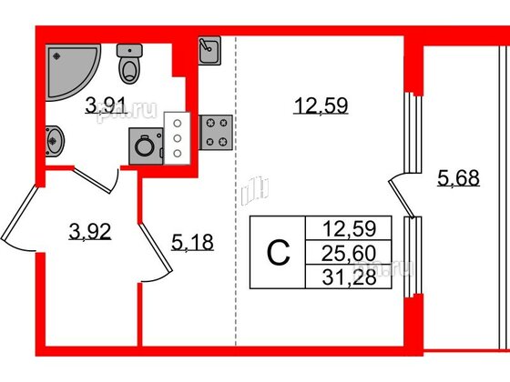 Квартира в ЖК Любоград, студия, 25.6 м², 3 этаж