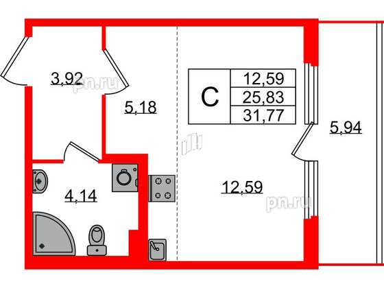 Квартира в ЖК Любоград, студия, 25.83 м², 1 этаж