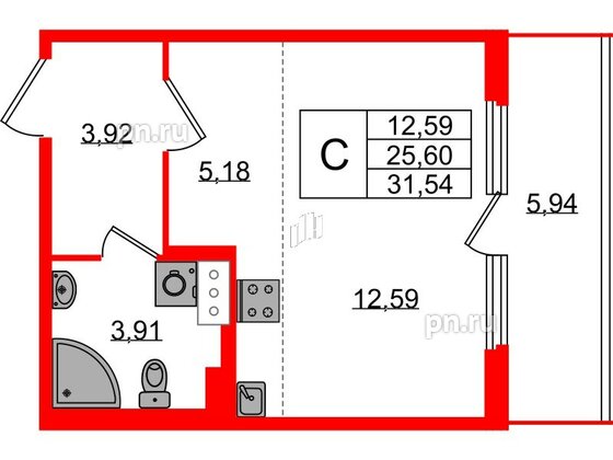 Квартира в ЖК Любоград, студия, 25.6 м², 2 этаж