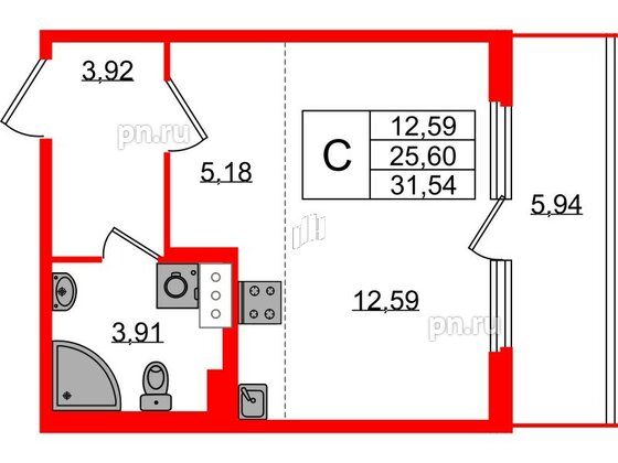 Квартира в ЖК Любоград, студия, 25.6 м², 4 этаж