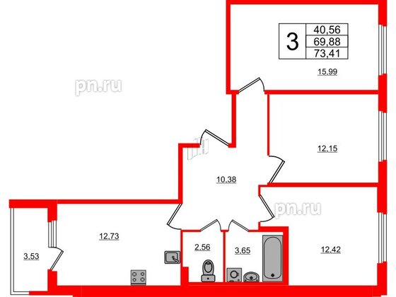 Квартира в ЖК Любоград, 3 комнатная, 69.88 м², 1 этаж