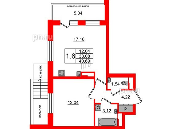 Квартира в ЖК Univer City, 1 комнатная, 38.08 м², 1 этаж