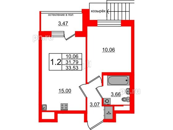 Квартира в ЖК Univer City, 1 комнатная, 31.79 м², 1 этаж