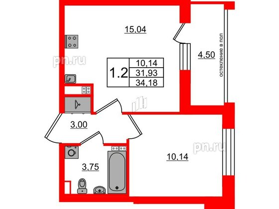 Квартира в ЖК 'Univer City', 1 комнатная, 31.93 м², 3 этаж