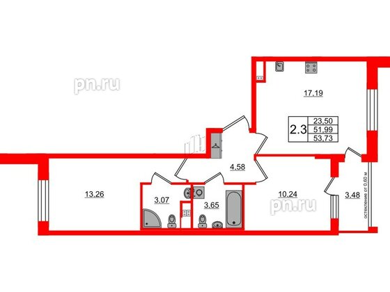 Квартира в ЖК 'Univer City', 2 комнатная, 51.99 м², 3 этаж