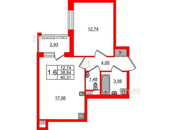 Квартира в ЖК Univer City, 1 комнатная, 38.84 м², 4 этаж