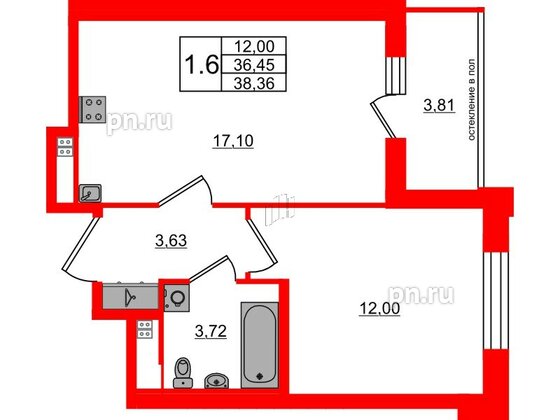 Квартира в ЖК Univer City, 1 комнатная, 36.45 м², 3 этаж