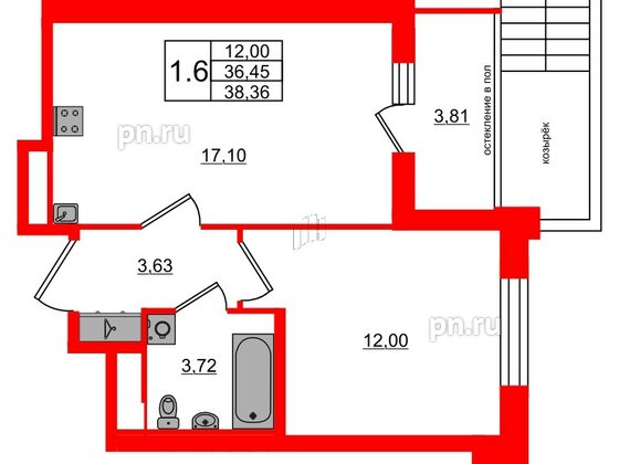 Квартира в ЖК Univer City, 1 комнатная, 36.45 м², 1 этаж