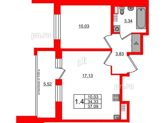 Квартира в ЖК Univer City, 1 комнатная, 34.33 м², 4 этаж