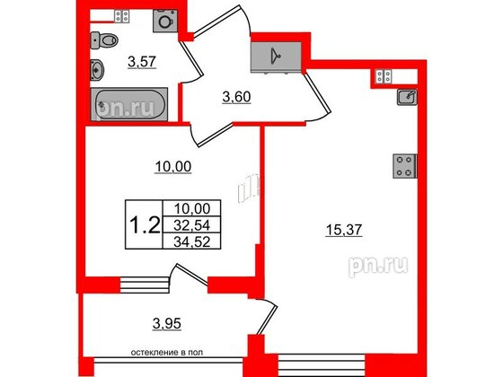 Квартира в ЖК Univer City, 1 комнатная, 32.54 м², 3 этаж