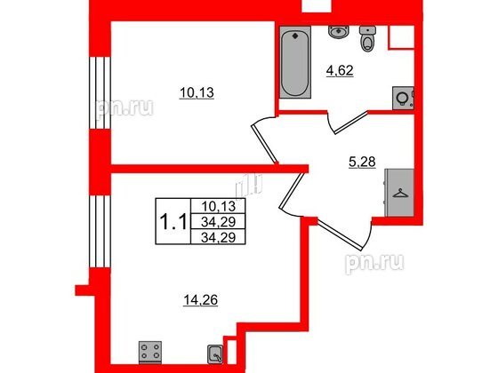 Квартира в ЖК Univer City, 1 комнатная, 34.29 м², 1 этаж