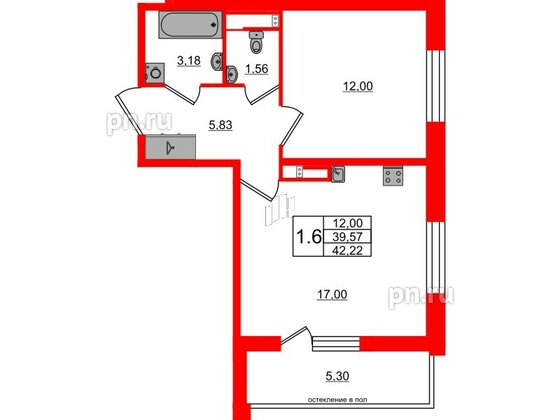 Квартира в ЖК Univer City, 1 комнатная, 39.57 м², 2 этаж