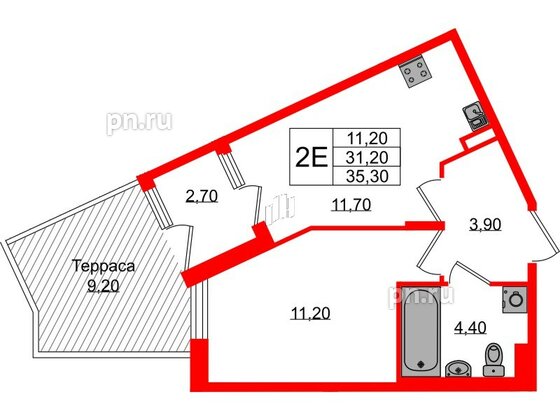 Квартира в ЖК Экография, 1 комнатная, 35.3 м², 1 этаж