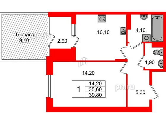 Квартира в ЖК Экография, 1 комнатная, 39.8 м², 1 этаж