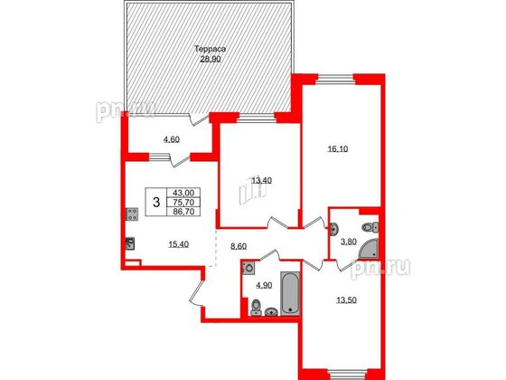 Квартира в ЖК Экография, 3 комнатная, 86.7 м², 1 этаж