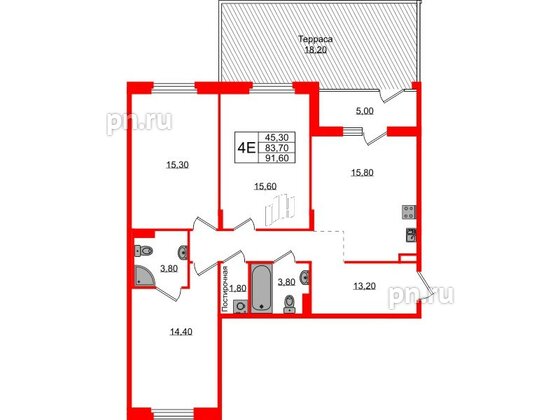 Квартира в ЖК Экография, 3 комнатная, 91.6 м², 1 этаж