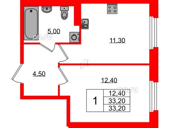 Квартира в ЖК Экография, 1 комнатная, 33.2 м², 1 этаж