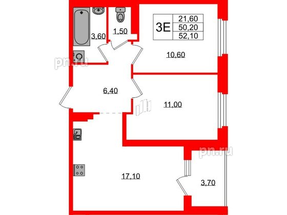 Квартира в ЖК «Экография», 2 комнатная, 52.1 м², 2 этаж