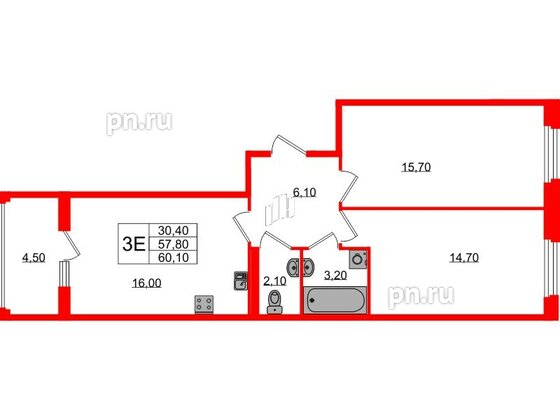 Квартира в ЖК Экография, 2 комнатная, 60.1 м², 3 этаж